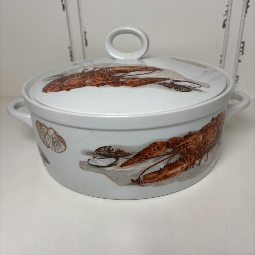 VTG Seafood Soup Tureen w/‎ Lid Lobster Clams Handles Made in Japan Porcelain